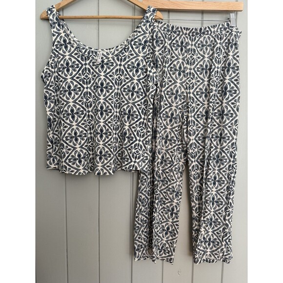 Soma Cool Nights 2-Piece Pajama Set L Large Wide Leg Crop Built-In Bra Tank Blue - Picture 1 of 5
